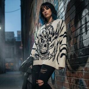 Katsumi Skull Tiger Stripe‎ Oversized Knit Sweater Cream Black Women Size M/L
